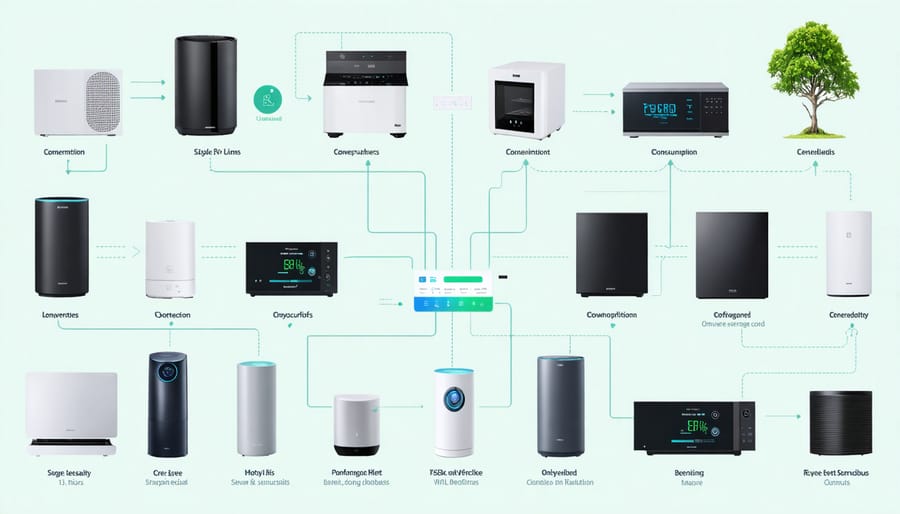 Smart home ecosystem diagram showing connected energy-efficient appliances and their power usage statistics