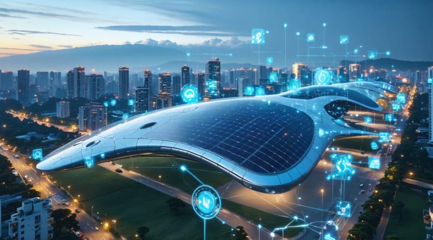 A conceptual image illustrating a smart city skyline with integrated solar panels and digital interfaces, signifying the integration of community solar energy in urban infrastructure.