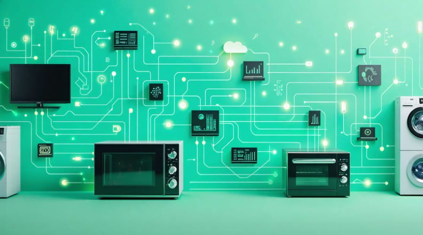 A conceptual illustration of interconnected smart appliances in a digital network, showcasing energy-efficient connectivity and IoT integration for optimized power consumption.