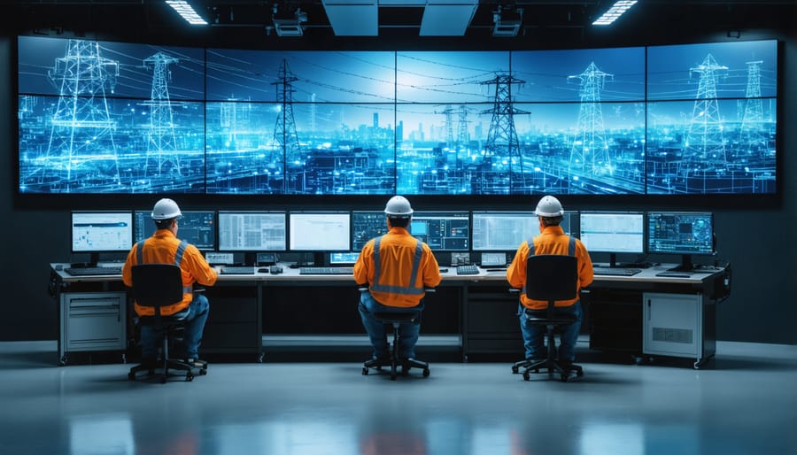 Utility professionals working in a modern control room with smart grid monitoring displays