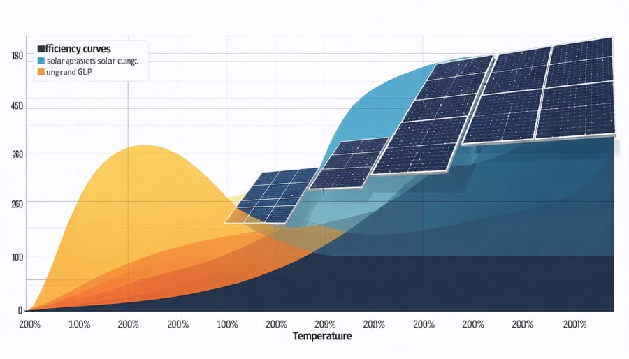 Graph comparing efficiency vs temperature for monocrystalline, polycrystalline, and thin-film solar panels