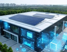 A futuristic commercial building rooftop with solar panels and advanced monitoring systems, illustrated with digital energy management graphics representing the Energy-as-a-Service model.