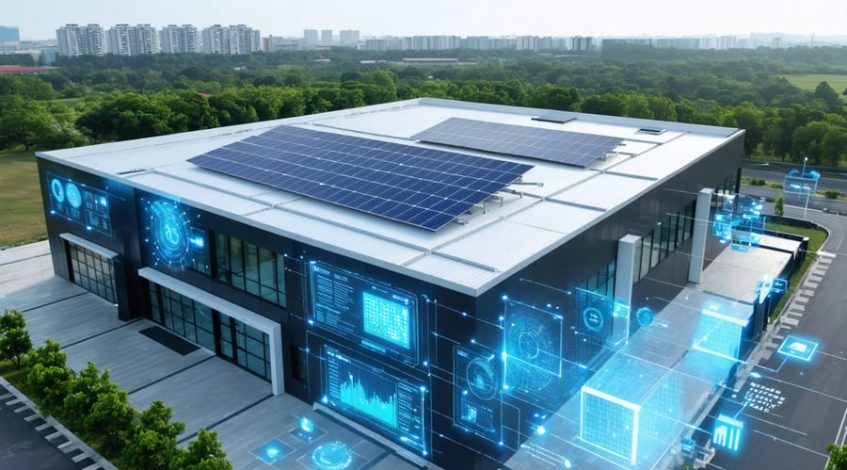 A futuristic commercial building rooftop with solar panels and advanced monitoring systems, illustrated with digital energy management graphics representing the Energy-as-a-Service model.