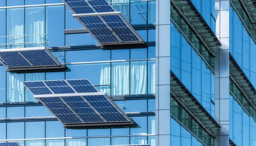 Contemporary commercial building with solar-integrated glass facade and windows