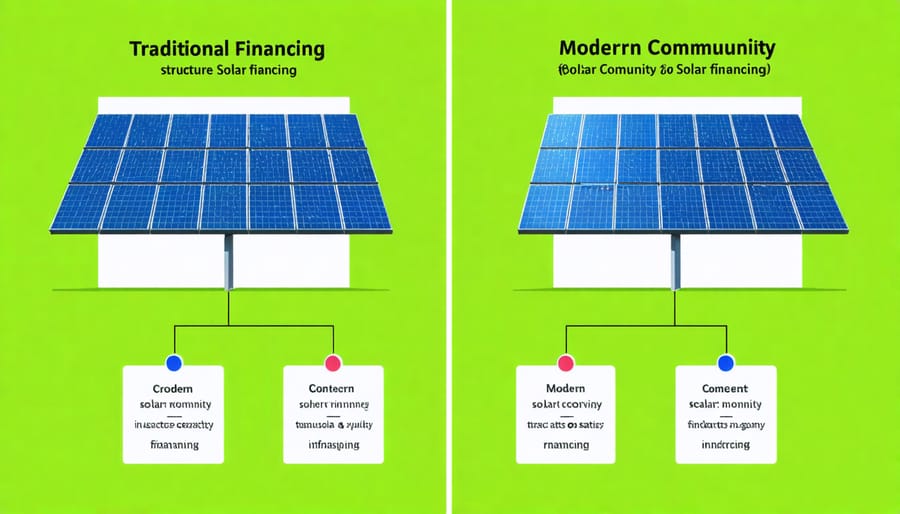 Infographic comparing traditional and modern community solar financing structures with flow charts and key differences highlighted