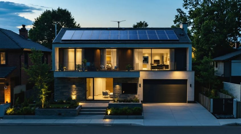 Brightly lit modern home with a hybrid solar and lithium-ion battery storage system, sustaining power during a city-wide blackout.