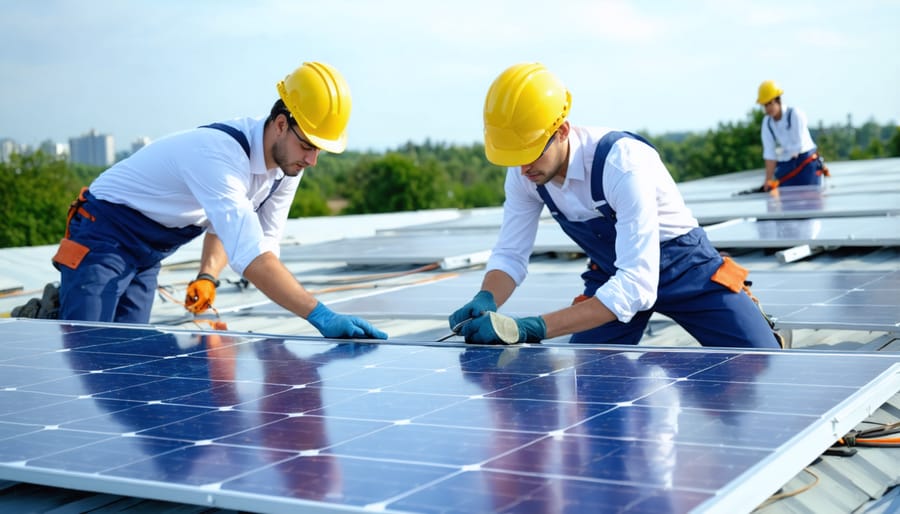 Students practicing solar panel installation during hands-on training session
