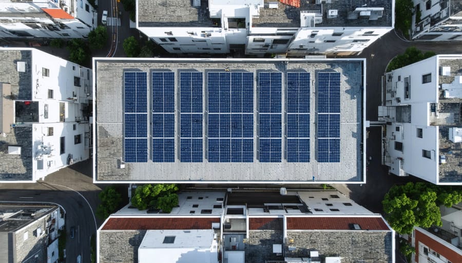 Bird's eye view of an urban area featuring extensive building-integrated solar installations