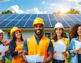 Diverse group of people witnessing solar panel installations on homes, businesses, and community centers, symbolizing the impact of solar microloans.