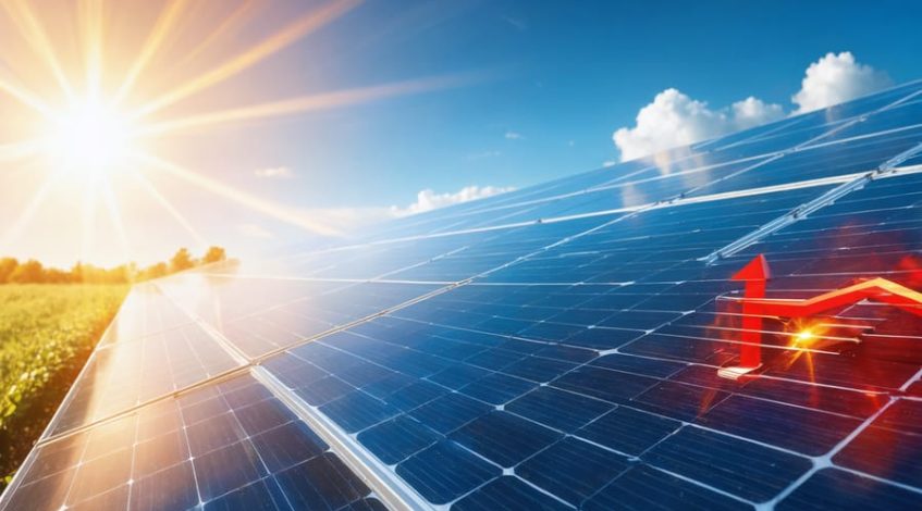 Conceptual illustration showing solar panels under varying temperature conditions, with a gradient of color from blue to red indicating efficiency loss due to rising heat and temperature scales displaying efficiency percentages.