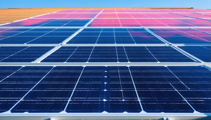 Thermal image displaying heat distribution across installed solar panels with temperature scale