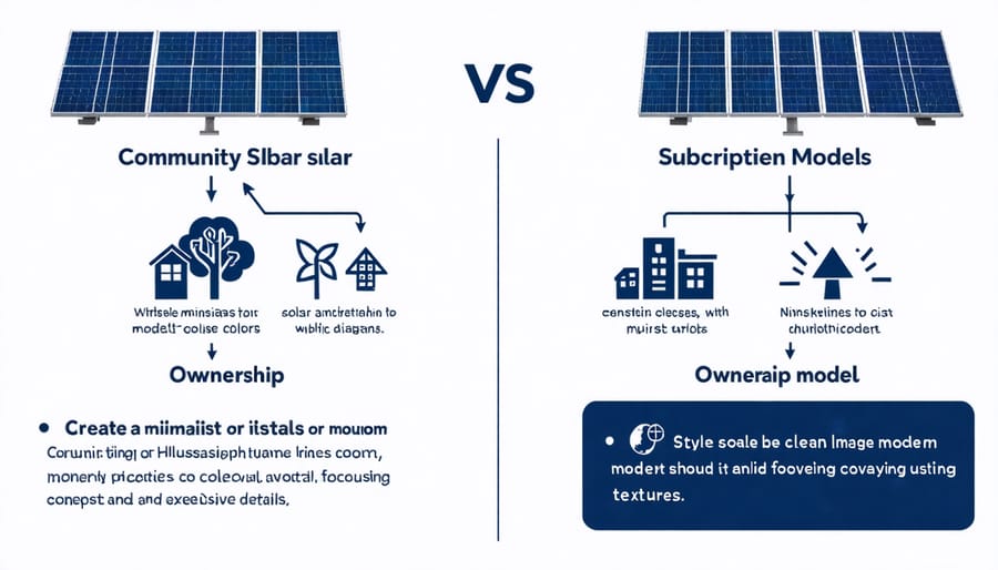 Visual comparison diagram of community solar subscription and ownership models showing key differences and benefits