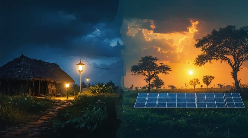 A conceptual split-screen image showing a rural village's transition from relying on traditional, dimly lit energy sources to being illuminated by bright solar-powered lights, highlighting the transformative impact of solar energy on improving living conditions and economic opportunities.