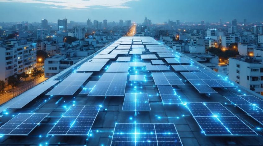 Aerial view of a modern smart city featuring extensive solar panel installations and smart grid infrastructure, highlighting the integration of renewable energy in urban development.