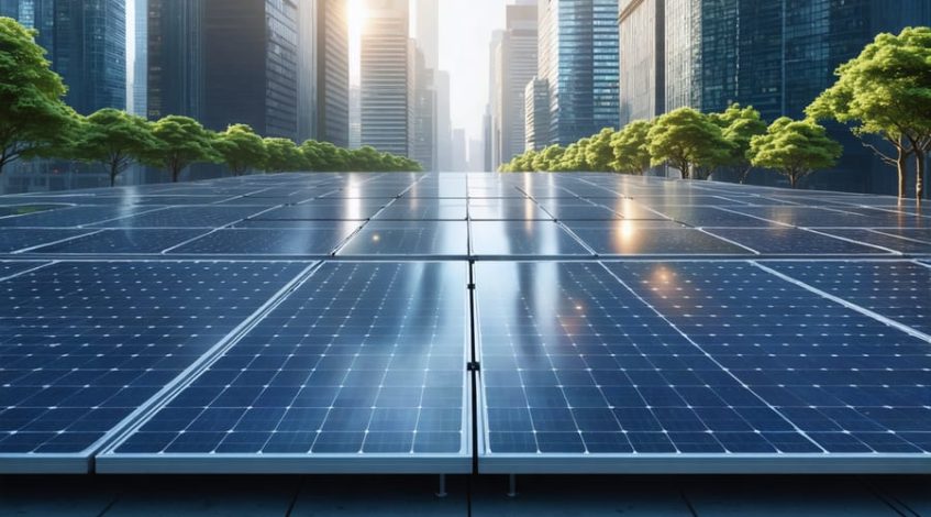 Conceptual illustration of a city utilizing solar power, with solar panels on buildings and public areas, representing sustainable urban energy solutions.
