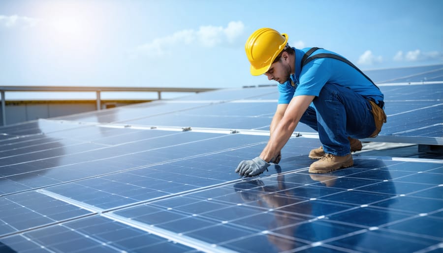 Professional solar technician in safety gear mounting solar panels during installation