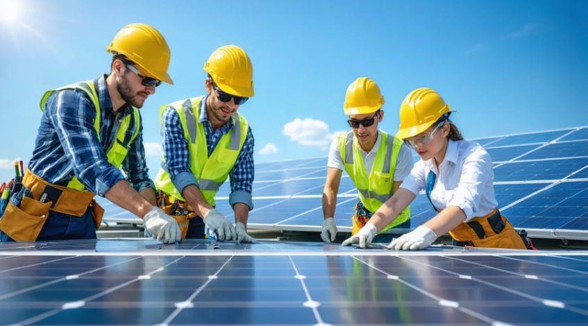 A group of solar technicians in safety gear collaboratively installing solar panels on a rooftop, depicting teamwork and practical training in renewable energy.