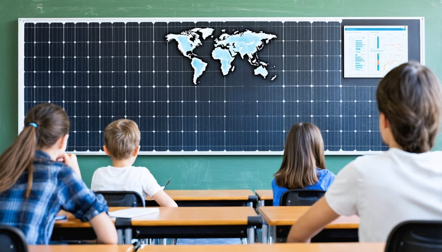 Students analyzing solar energy production data on digital display