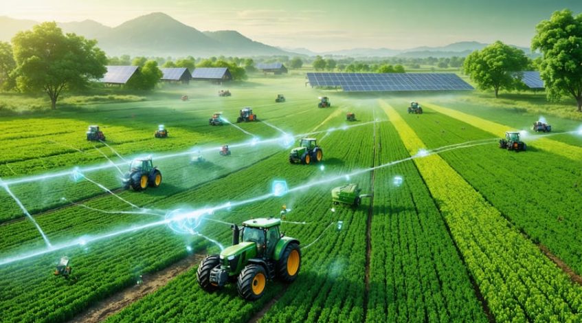 A depiction of sustainable farming technologies, including GPS-guided tractors, solar arrays, and smart irrigation systems, working harmoniously in lush crop fields with visible cover crops and beneficial insects.