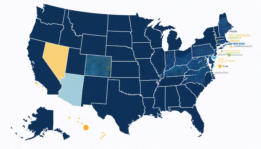 Color-coded map showing states with established and emerging community solar programs