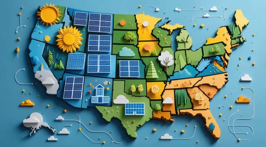 Conceptual map of the United States showing states with distinct community solar programs, overlaid with solar energy symbols to depict the widespread transformation of energy access through local initiatives.