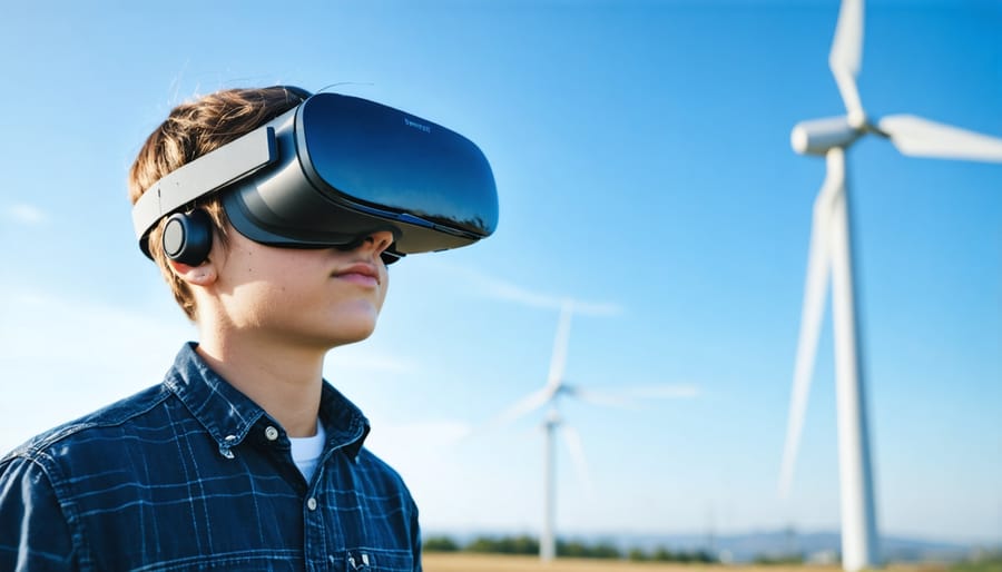 Trainee wearing VR equipment while performing simulated wind turbine maintenance procedures
