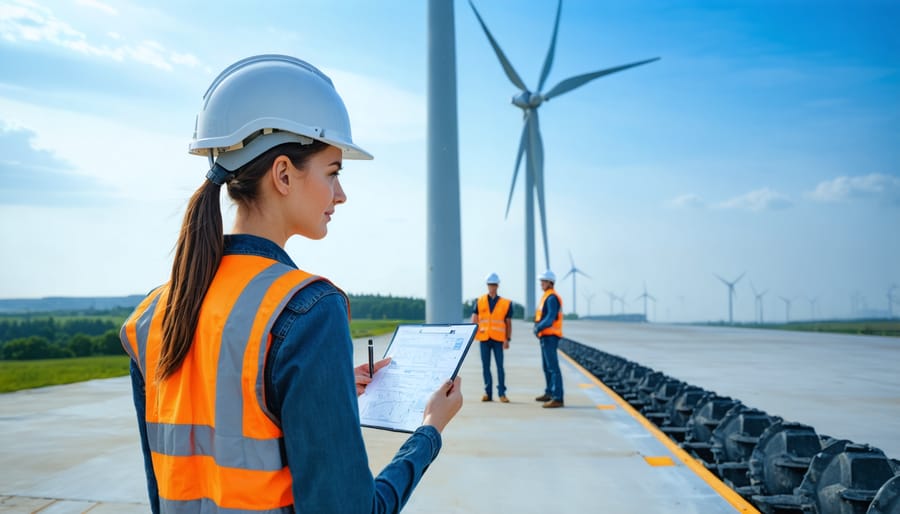 Woman engineer explaining turbine specifications to her maintenance crew
