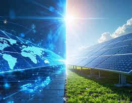 Split-screen image showing AI-powered solar consultation with a digital analysis of energy metrics on one side, and a conceptual visualization of efficient and sustainable energy use in a scenic landscape on the other.