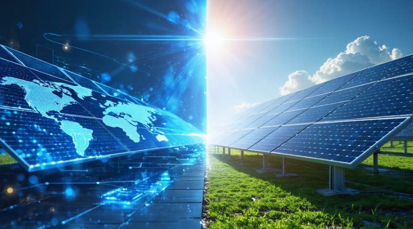 Split-screen image showing AI-powered solar consultation with a digital analysis of energy metrics on one side, and a conceptual visualization of efficient and sustainable energy use in a scenic landscape on the other.