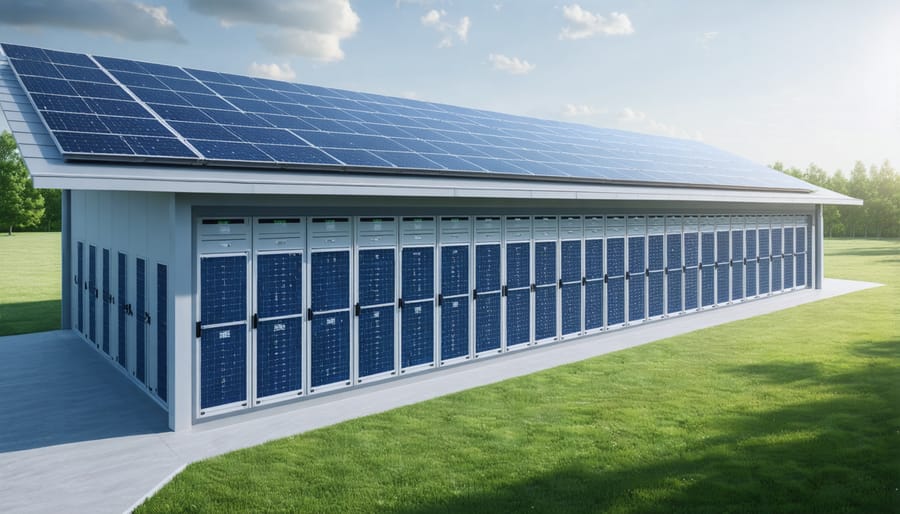 Large-scale energy storage facility featuring battery containers and solar array