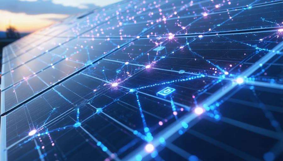 Visual representation of solar panels connected through blockchain network with smart contract symbols