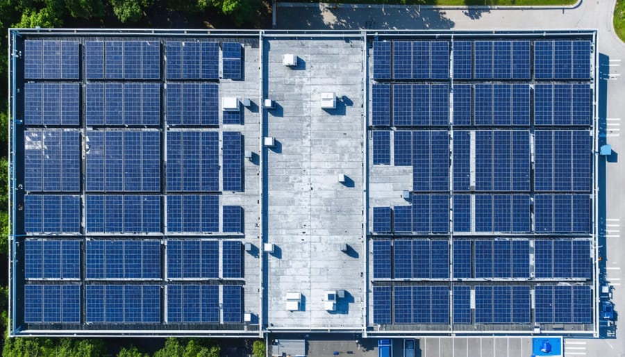 Commercial office building rooftop with extensive solar panel installation