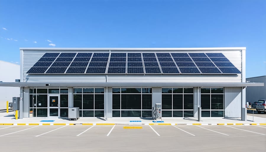 Aerial view of business complex featuring rooftop solar arrays and energy storage units