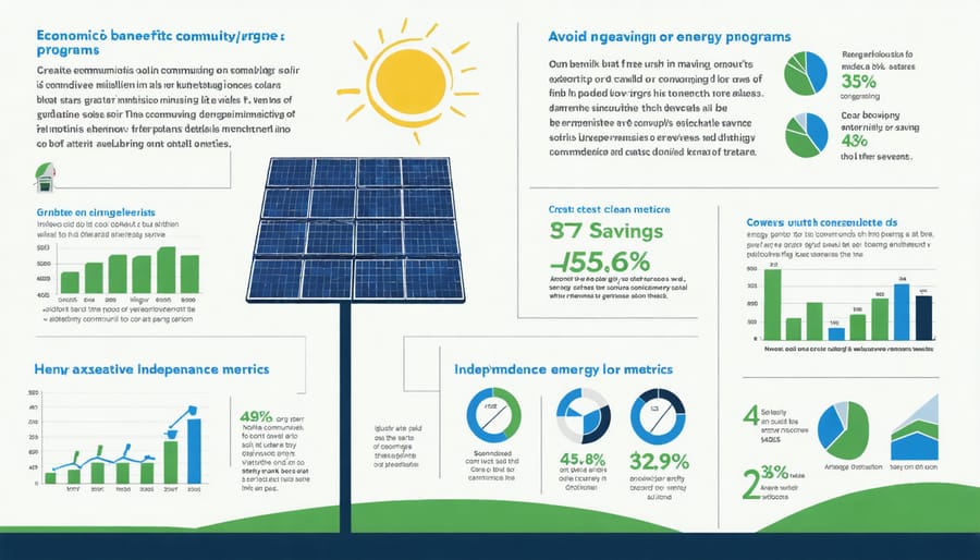 Visual representation of community solar program benefits with financial data and sustainability metrics