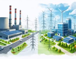 Conceptual illustration contrasting a traditional centralized power plant with a modern decentralized solar energy grid. The image shows a power plant on one side and interconnected buildings with solar panels and wind turbines on the other, symbolizing transformation and energy independence.
