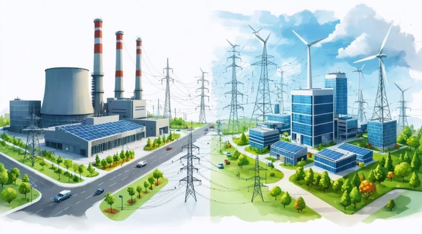 Conceptual illustration contrasting a traditional centralized power plant with a modern decentralized solar energy grid. The image shows a power plant on one side and interconnected buildings with solar panels and wind turbines on the other, symbolizing transformation and energy independence.