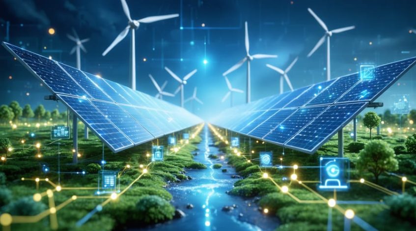 Conceptual illustration of a futuristic landscape showing digital connections between smart grids, solar panels, and wind turbines, symbolizing the integration of digital technology in renewable energy systems.