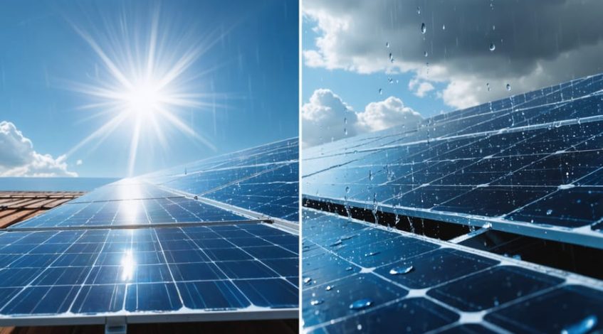 Comparison of solar panels' performance under sunny and rainy conditions, showcasing their ability to generate energy in various weather patterns through advanced technology.