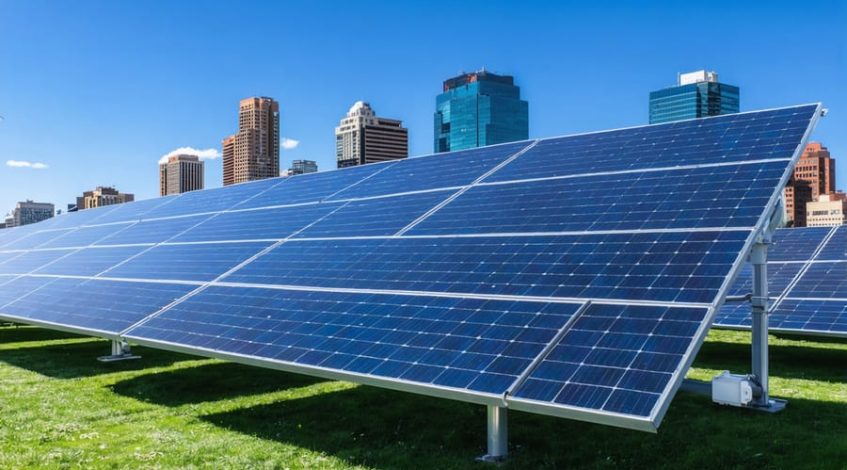 Dynamic solar panels equipped with dual-axis tracking systems adjusting their position while integrating with smart grid infrastructure, illustrating real-time data flow and analytics.