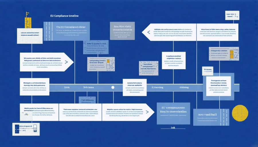 Timeline visualization of EU dynamic solar panel regulation implementation phases from 2024 to 2030