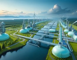 Futuristic hydrogen energy landscape depicting hydrogen production hubs, interconnected by pipelines and transportation corridors, with solar panels and wind turbines symbolizing renewable energy integration.