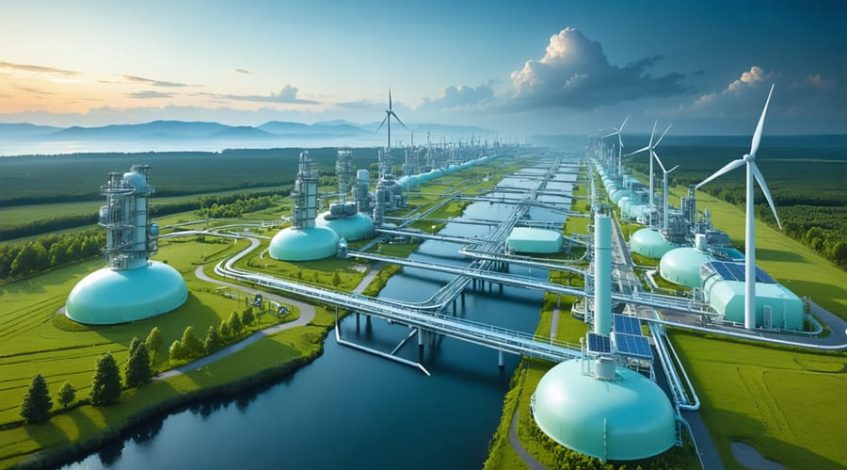 Futuristic hydrogen energy landscape depicting hydrogen production hubs, interconnected by pipelines and transportation corridors, with solar panels and wind turbines symbolizing renewable energy integration.