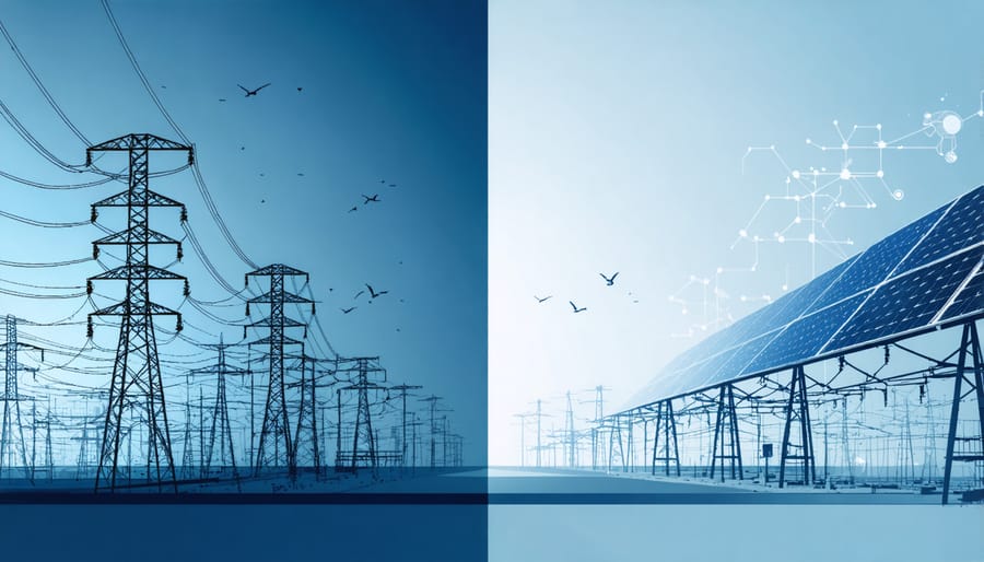 Side-by-side comparison of traditional power grid versus modern solar smart grid infrastructure