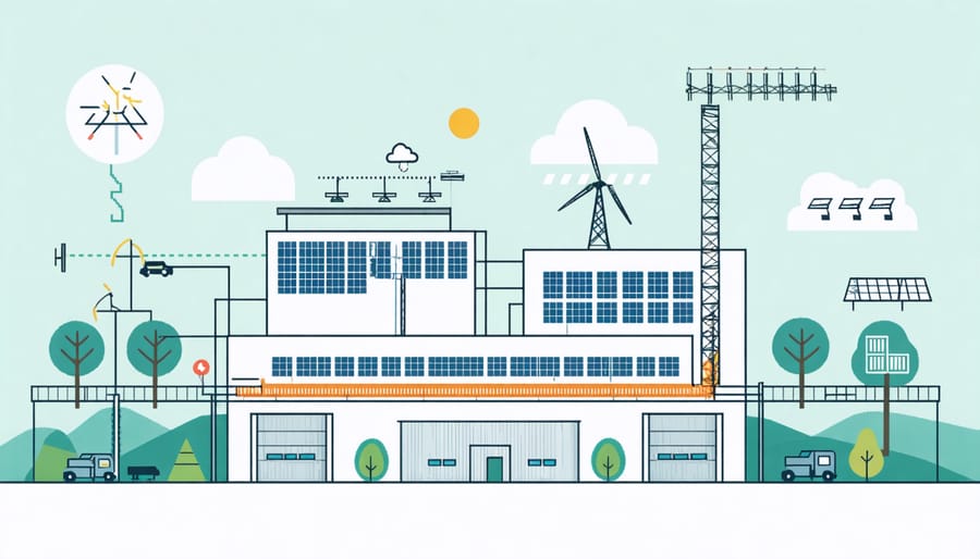 Diagram of industrial heat recovery system with renewable energy integration