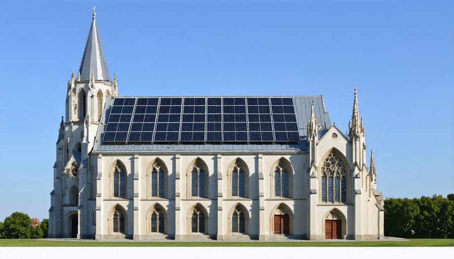 Historic cathedral with solar panels discretely installed on its south-facing roof
