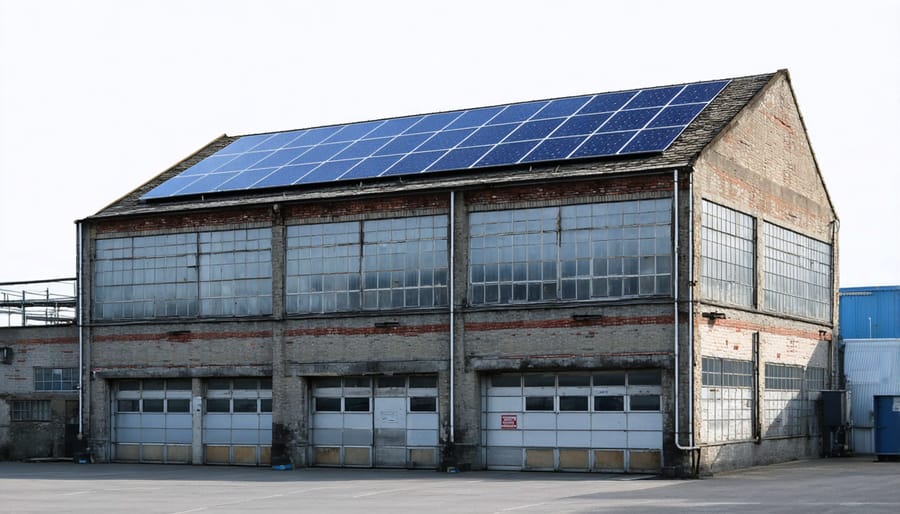 Renovated historic factory building with solar panels installed while preserving original industrial character