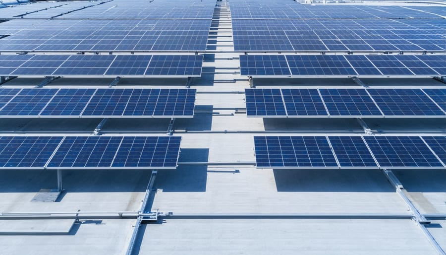 Aerial view of solar panels installed on an automated manufacturing facility roof
