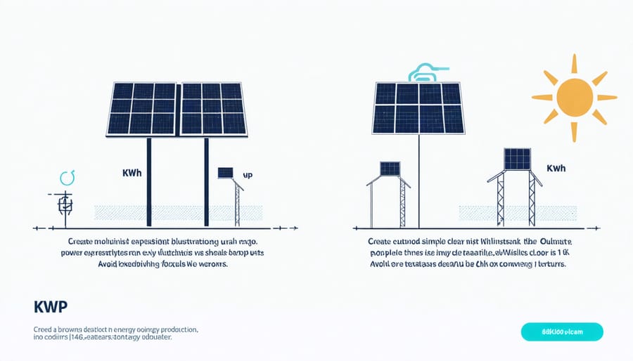 Side-by-side comparison diagram showing KWp as maximum panel capacity and KWh as actual energy output over time