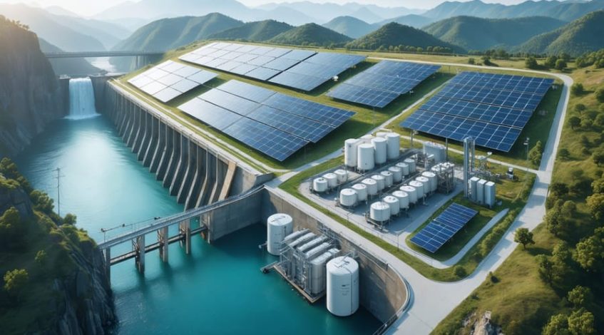 A visionary landscape showing different types of energy storage technologies integrated with solar panels, illustrating their contributions to stabilizing renewable energy supply.