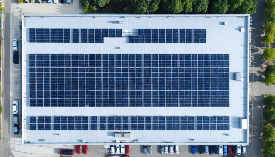 Solar panels covering the roof of an industrial manufacturing building